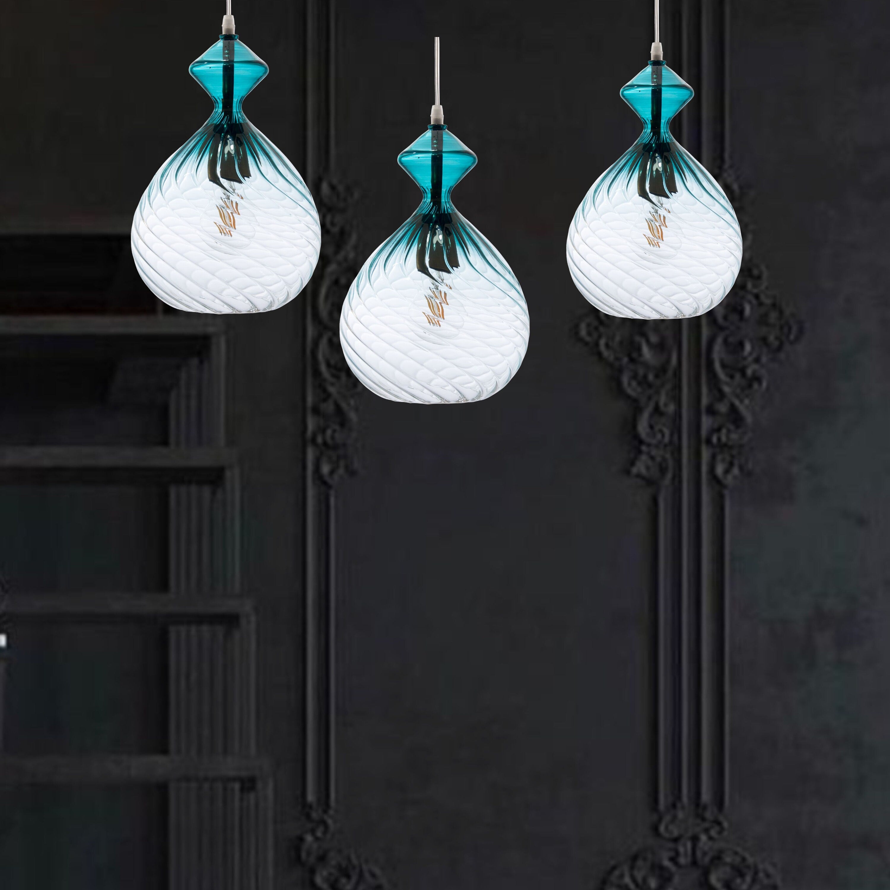 Set of three Hand Blown Glass Pendant Light Modern Boho Hanging Lamp for Kitchen Island or Dining Room Custom Ceiling Lighting Fixture