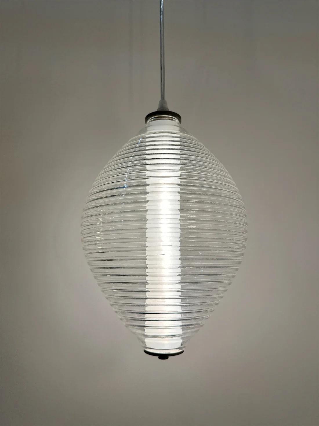 Modern Ribbed Glass Pendant Light – Handblown Oval Hanging Light Fixture – Minimalist Ceiling Lamp for Kitchen, Dining Room, or Living Space