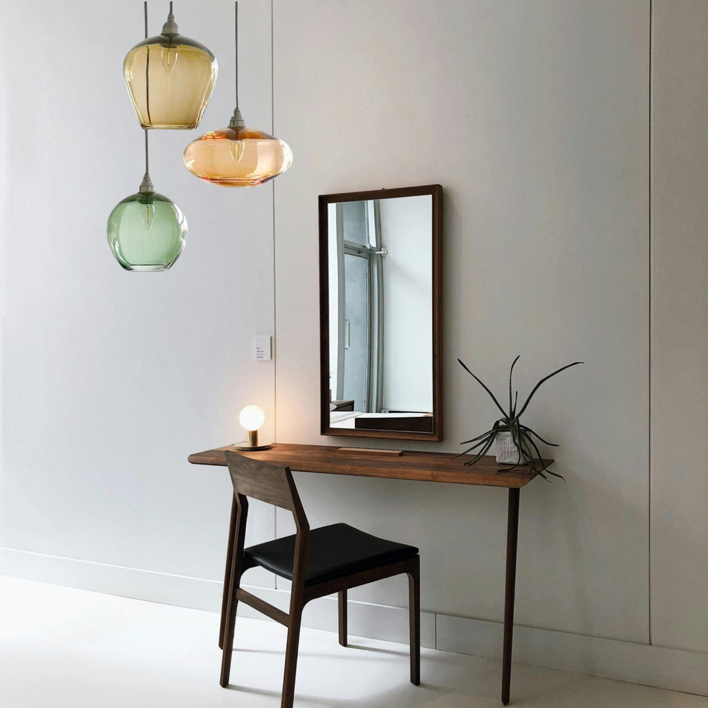 Trio of Handblown Glass Pendant Lights – Amber, Rose & Green Hanging Lamps – Modern Art Glass Ceiling Lighting for Kitchen or Entryway