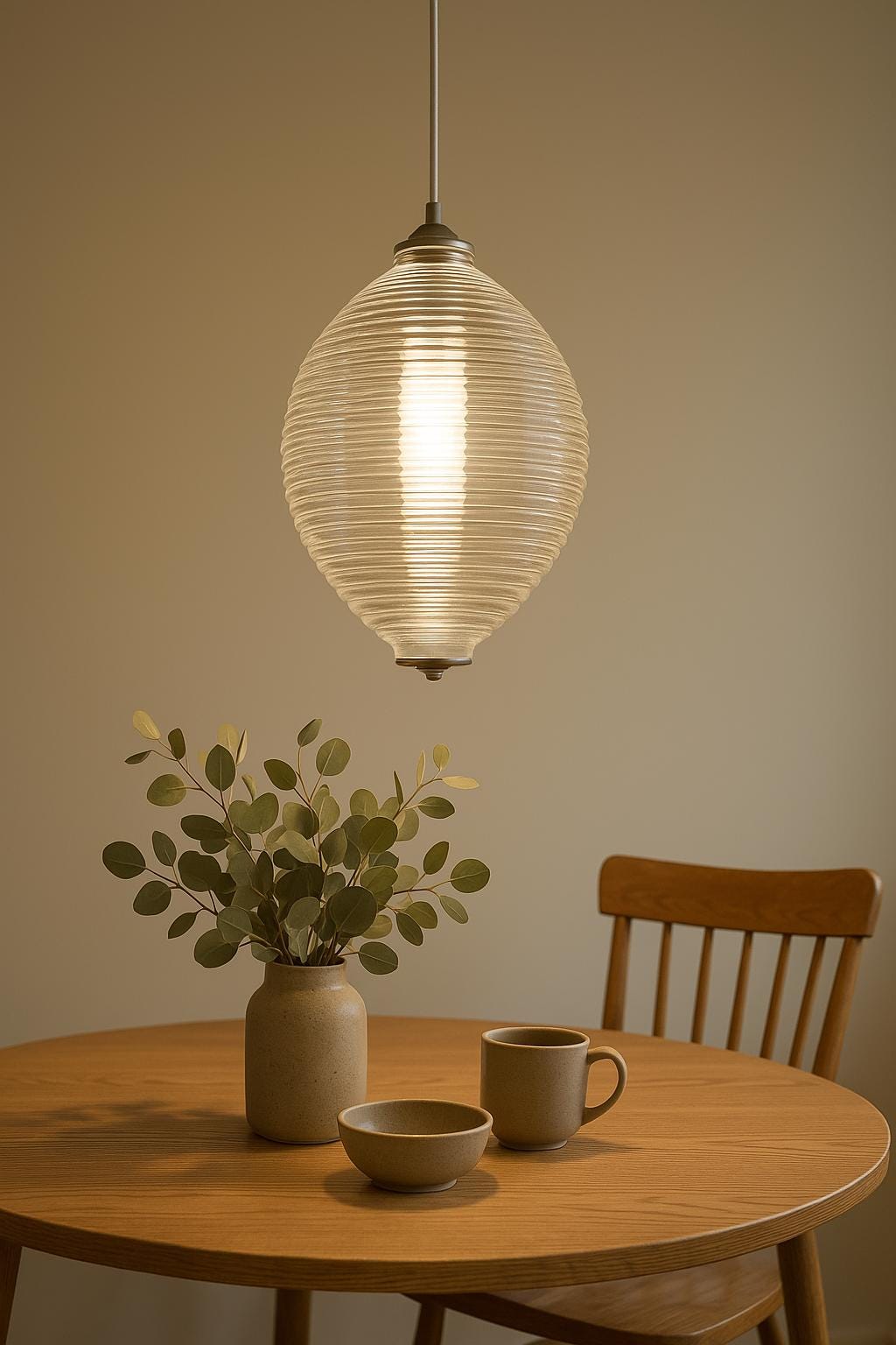 Modern Ribbed Glass Pendant Light – Handblown Oval Hanging Light Fixture – Minimalist Ceiling Lamp for Kitchen, Dining Room, or Living Space