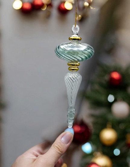 Elegant green Glass Ornaments for Christmas - Large Festive Decor - Hand Blown Baubles for Xmas Tree - Artisan Crafted Holiday Accent