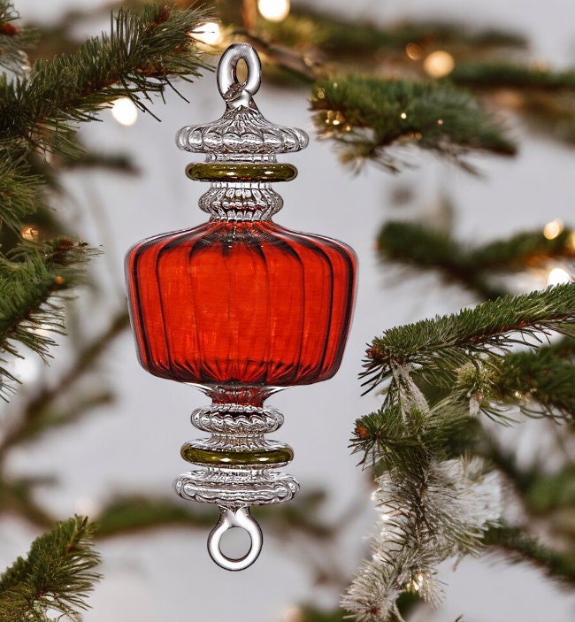 Blown Glass Christmas Tree Ornaments-Elegant Decorations for Xmas Lights -Hanging Ornaments with 14K Gold Accents- Christmas Tree topper -