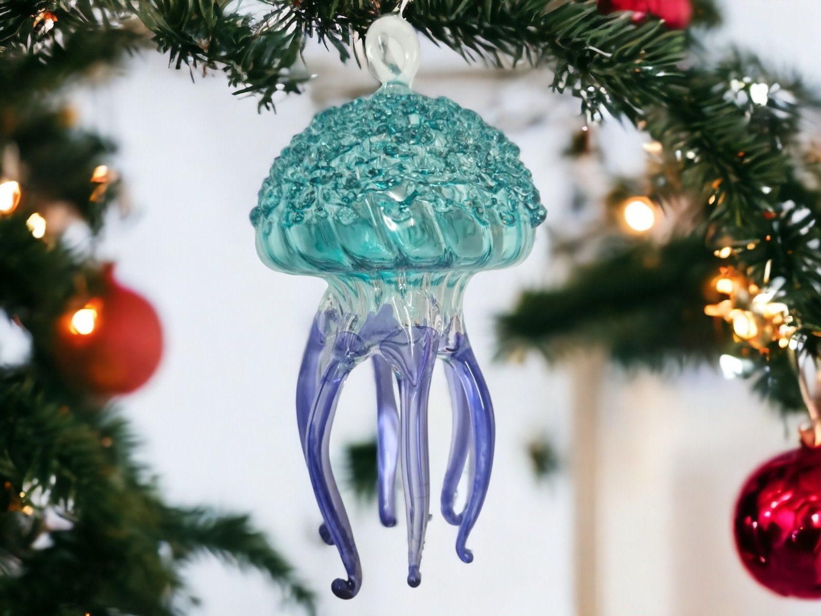 Artisan Glass Jellyfish Ornament - Handblown Holiday Decor - Unique Christmas Gift - Exquisite Glass Art Decoration