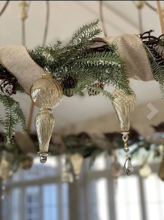 Christmas Ornaments Gold Glass With Crystal - Ribbed Glass Christmas Tree Decoration - Ornament For Christmas Tree - Hanging Glass Ornament