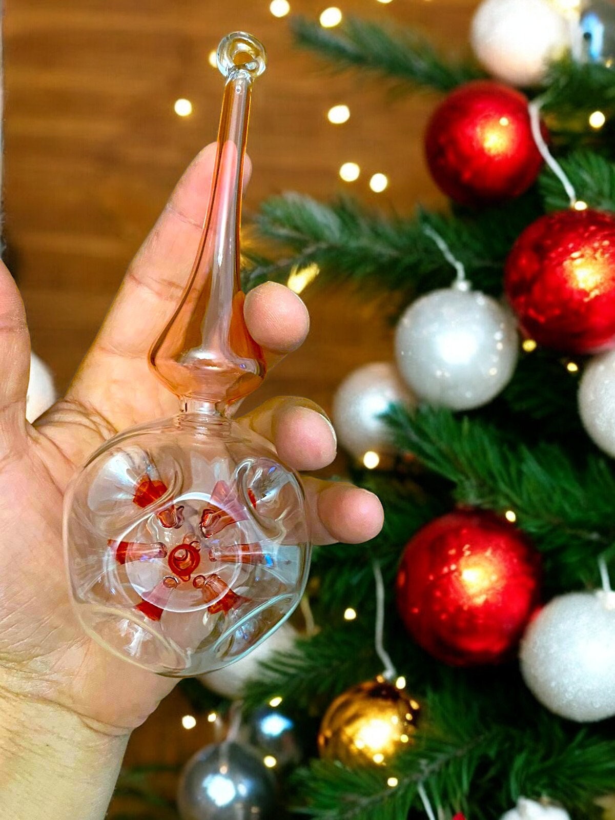 Double Pink Blown Glass Ornament - Handmade Christmas Tree Topper - Cardinal Ornament - Engagement Christmas Decoration-Housewarming Gift