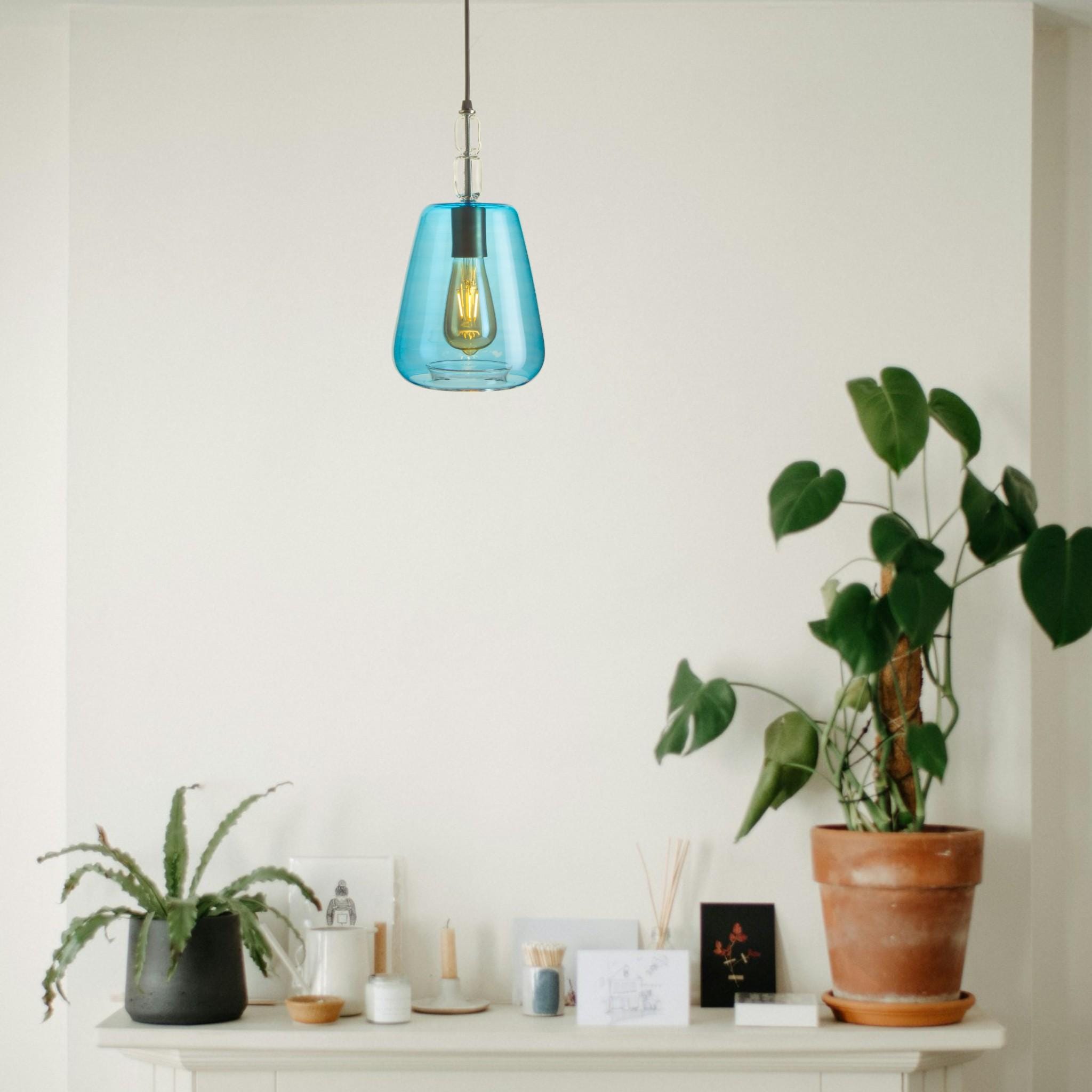 Blue Glass Pendant Light – Handblown Modern Ceiling Lamp – Minimalist Hanging Light for Living Room, Kitchen, Bedroom – Custom Size & Color