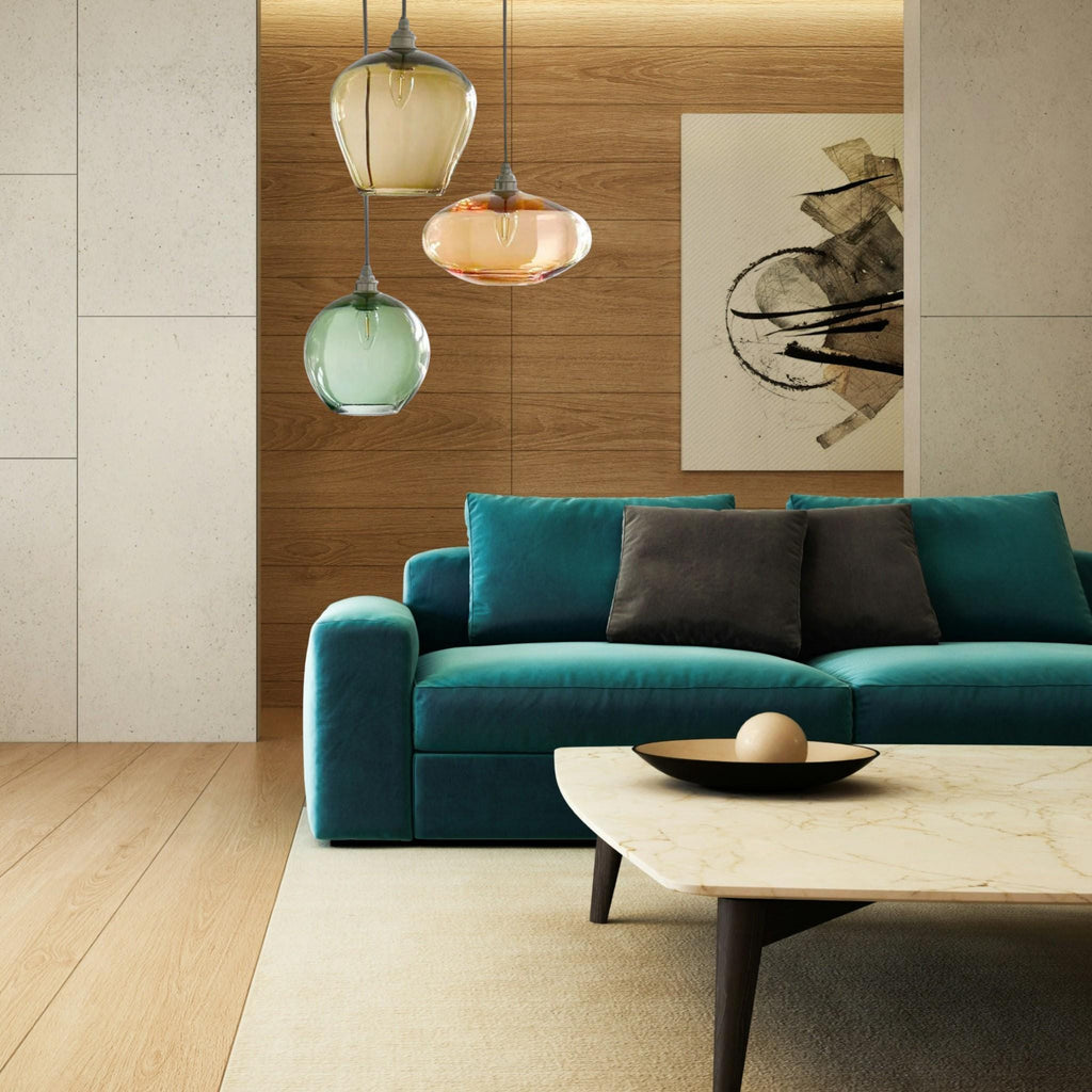 Trio of Handblown Glass Pendant Lights – Amber, Rose & Green Hanging Lamps – Modern Art Glass Ceiling Lighting for Kitchen or Entryway