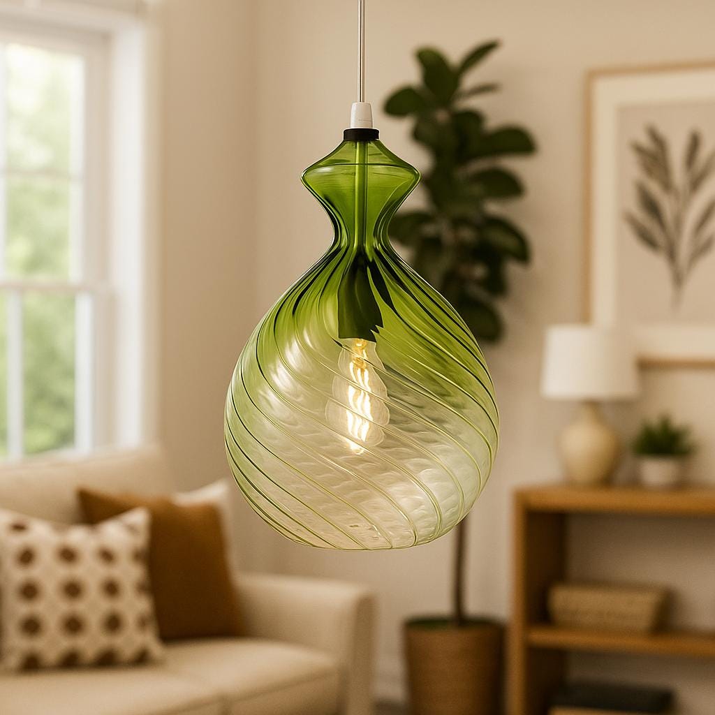 Hand Blown Teal Glass Pendant Light – Twisted Modern Glass Ceiling Lamp for Kitchen Island or Dining – Custom Artisan Lighting Fixture