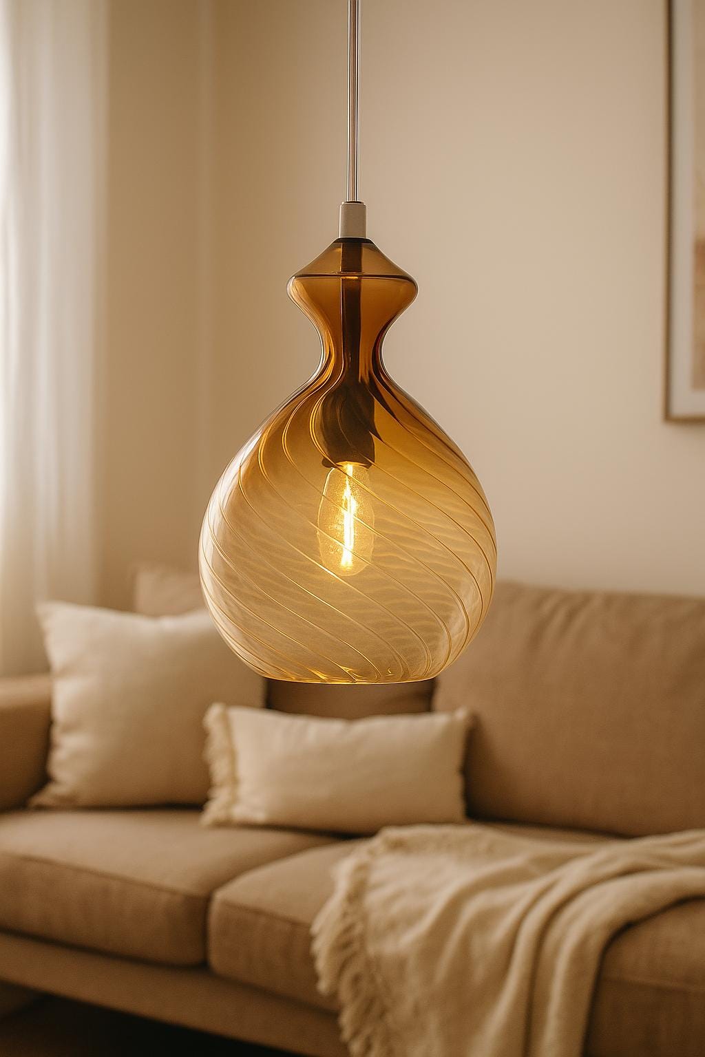 Hand Blown Teal Glass Pendant Light – Twisted Modern Glass Ceiling Lamp for Kitchen Island or Dining – Custom Artisan Lighting Fixture