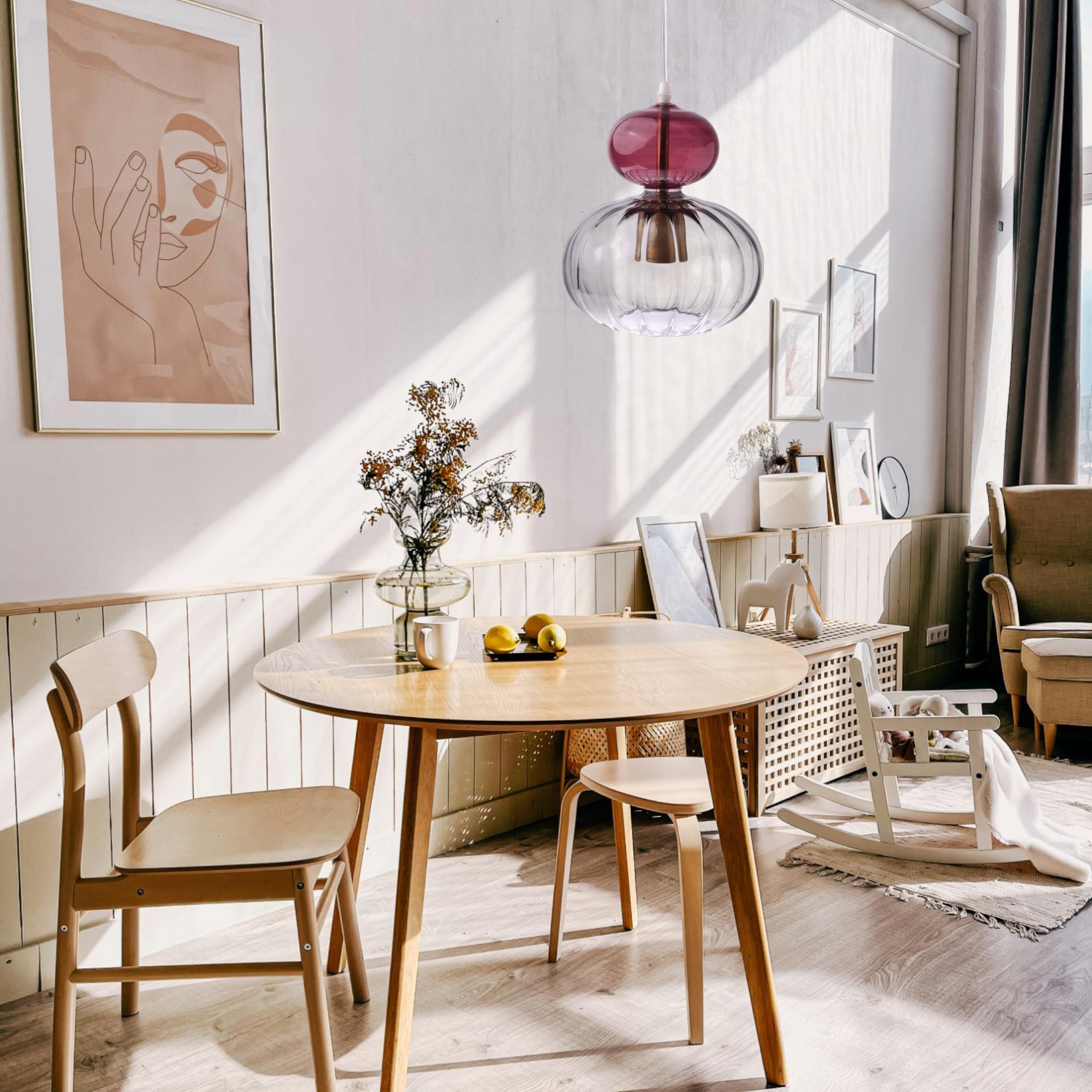 Modern Double Glass Pendant Light – Handblown Violet & Clear Ceiling Lamp – Sculptural Lighting for Dining Room, Kitchen or Studio