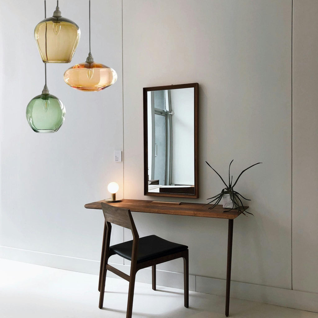 Trio of Handblown Glass Pendant Lights – Amber, Rose & Green Hanging Lamps – Modern Art Glass Ceiling Lighting for Kitchen or Entryway