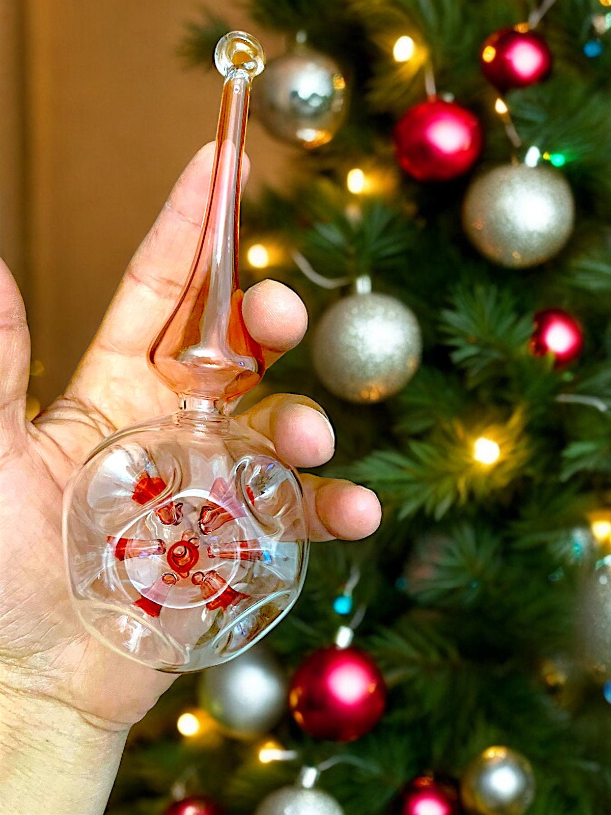 Double Pink Blown Glass Ornament - Handmade Christmas Tree Topper - Cardinal Ornament - Engagement Christmas Decoration-Housewarming Gift