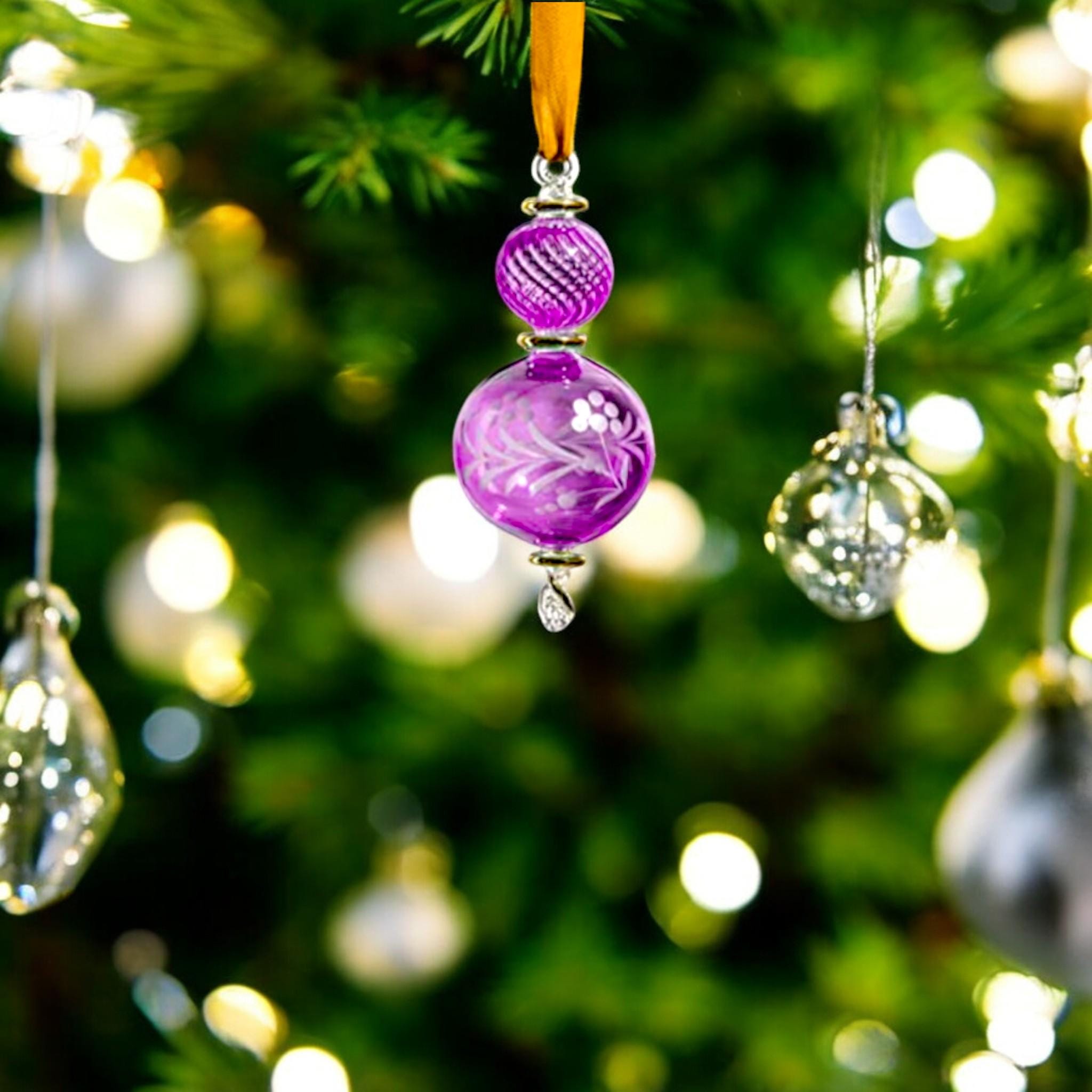 Christmas glass Ball Ornaments- Adorable Hanging Decorative Xmas Balls for Christmas Tree Decorations Home -purple with golden trim 2024