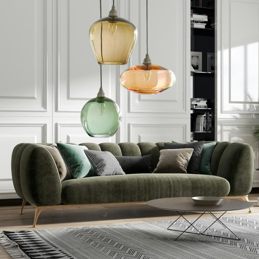 Trio of Handblown Glass Pendant Lights – Amber, Rose & Green Hanging Lamps – Modern Art Glass Ceiling Lighting for Kitchen or Entryway