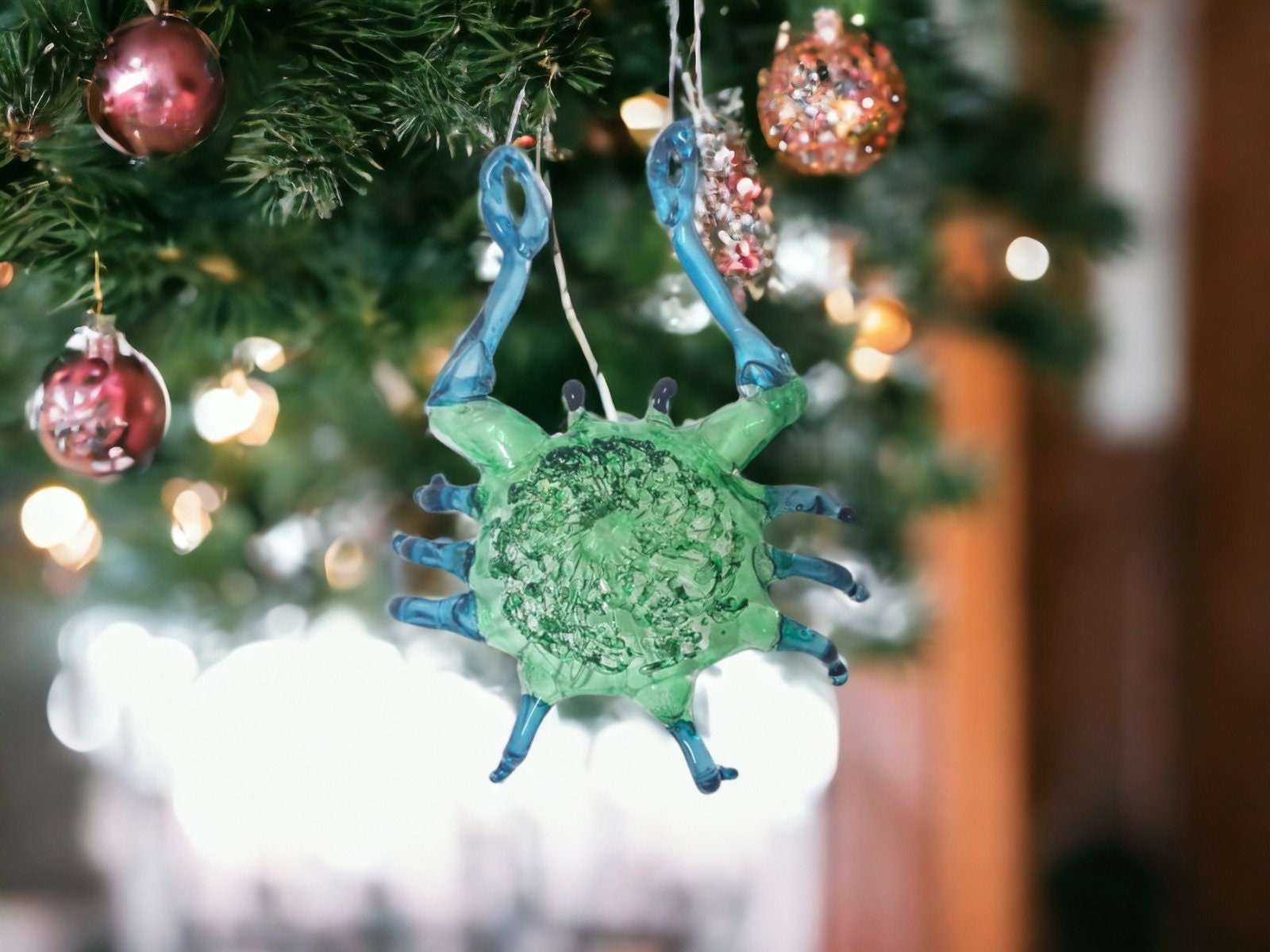 Artisan Crafted Handblown Glass Crab Christmas Ornament - Coastal Crab Holiday Decor - Unique Gift Idea - Glass Art Decoration