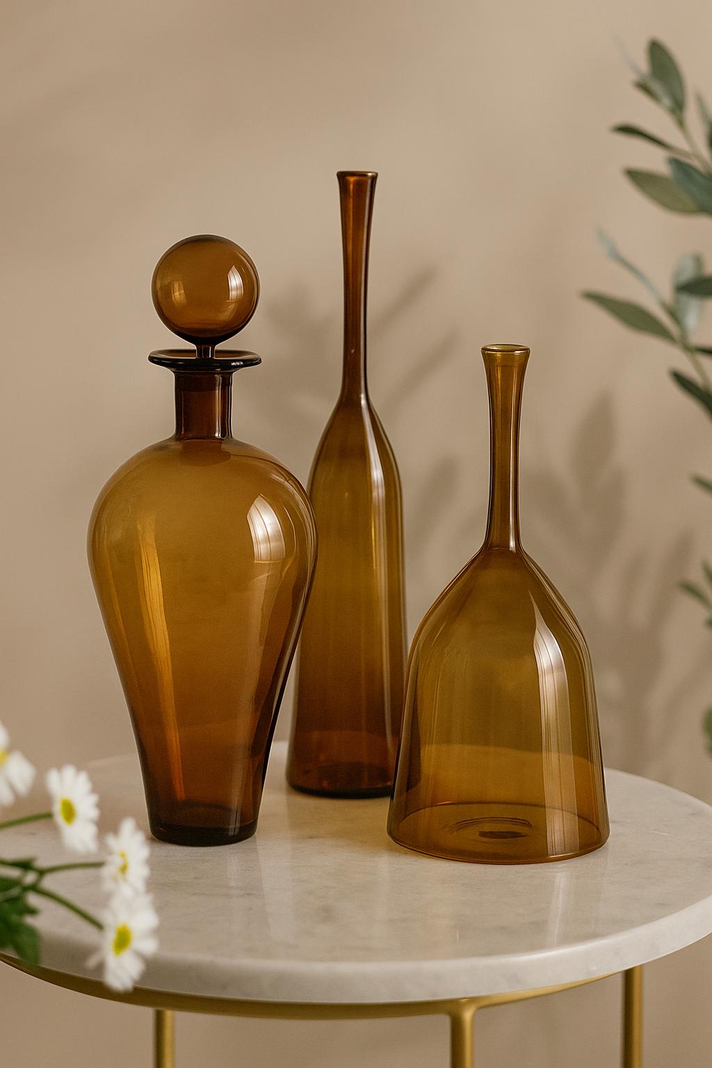 Amber Glass Decanter Set – Handblown Vintage-Style Decorative Bottles for Bar, Shelf, or Table Centerpiece