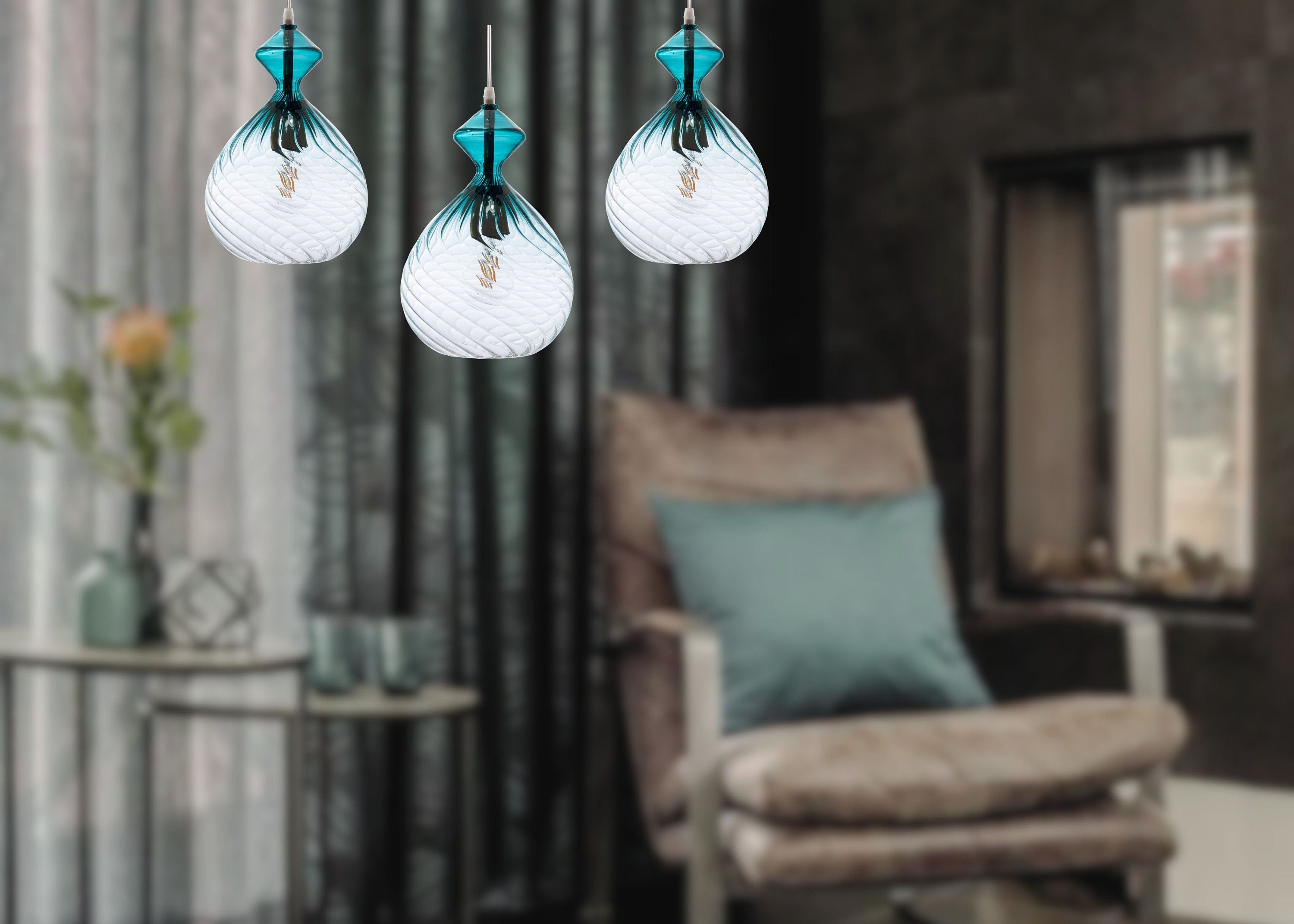 Set of three Hand Blown Glass Pendant Light Modern Boho Hanging Lamp for Kitchen Island or Dining Room Custom Ceiling Lighting Fixture