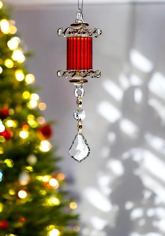 Art glass Christmas  Ornaments- Hand blown Red glass ornament with golden trim-Adorable Hanging Decorative Xmas ornaments for Christmas Tree