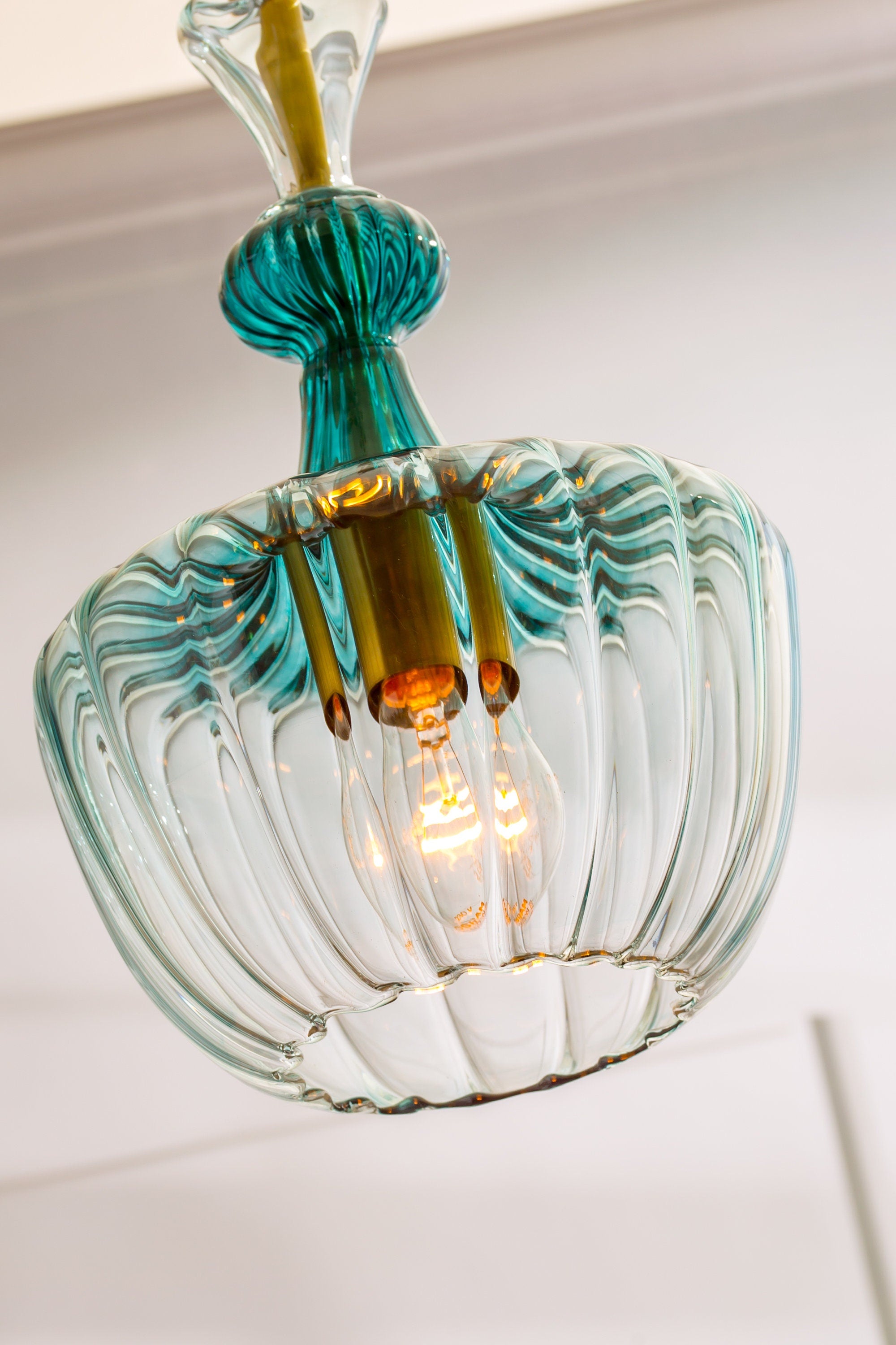 Teal Hand-Blown Glass Pendant Light – Artisan Kitchen Island Chandelier – Modern Dining Room Hanging Lamp – Custom Lighting Fixture Custom