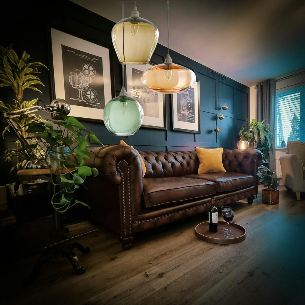 Trio of Handblown Glass Pendant Lights – Amber, Rose & Green Hanging Lamps – Modern Art Glass Ceiling Lighting for Kitchen or Entryway