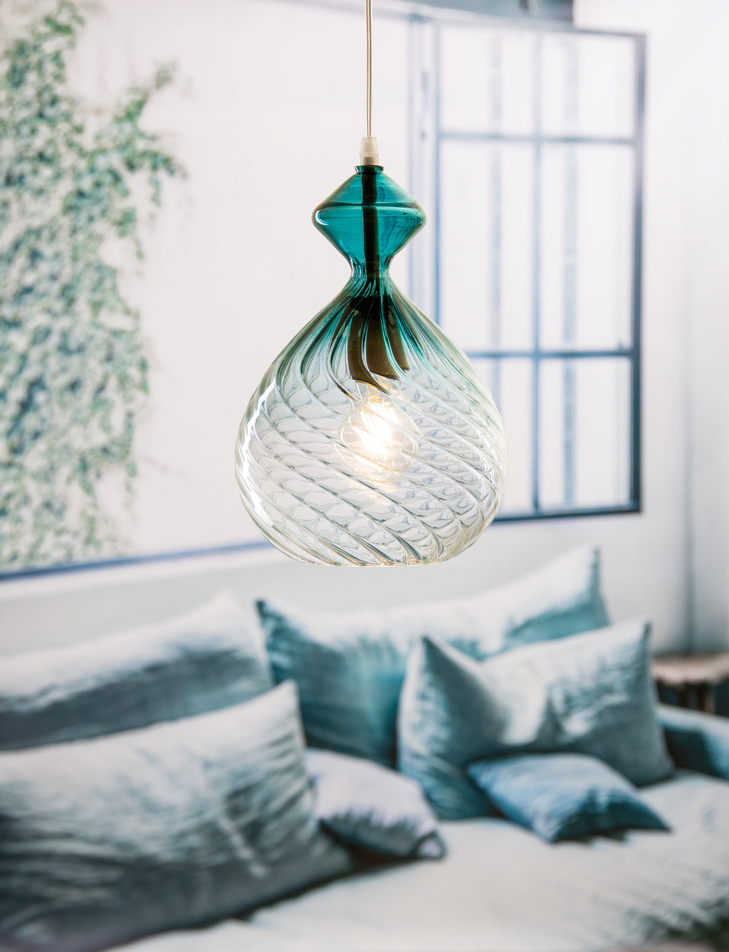 Hand Blown Teal Glass Pendant Light – Twisted Modern Glass Ceiling Lamp for Kitchen Island or Dining – Custom Artisan Lighting Fixture