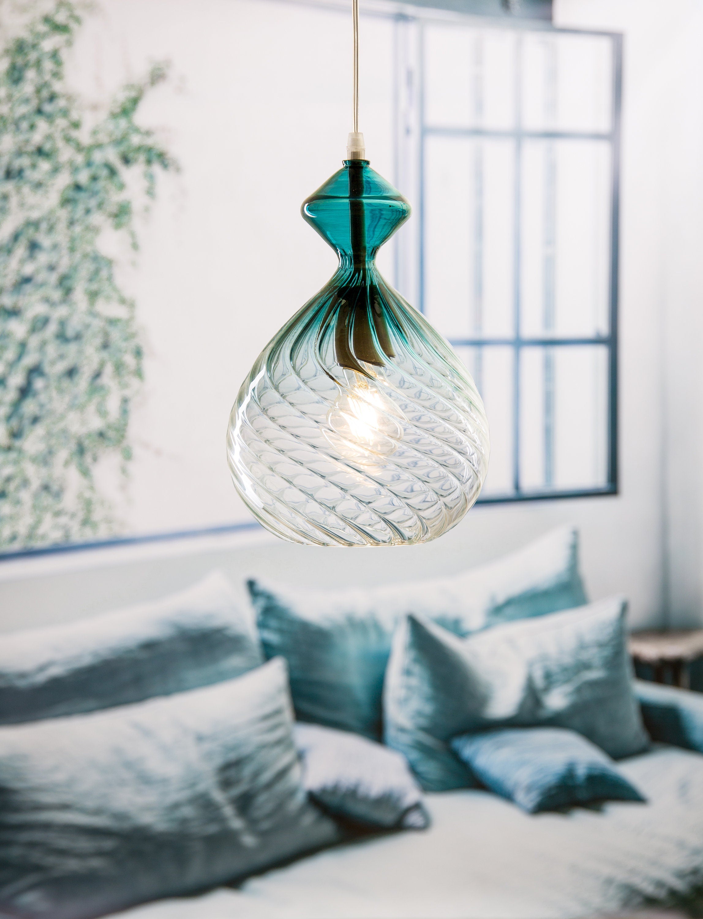 Hand Blown Teal Glass Pendant Light – Twisted Modern Glass Ceiling Lamp for Kitchen Island or Dining – Custom Artisan Lighting Fixture