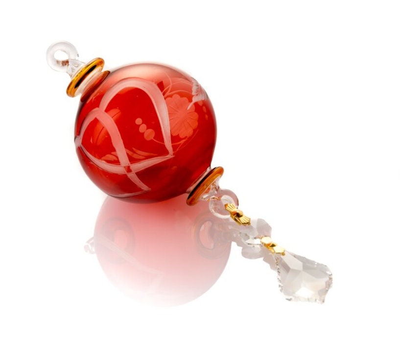 Christmas Ornaments Balls Red - Engraved Glass Ornaments for Tree Decorations - Decorative Hanging Ornaments with Crystal - Love Blown Glass