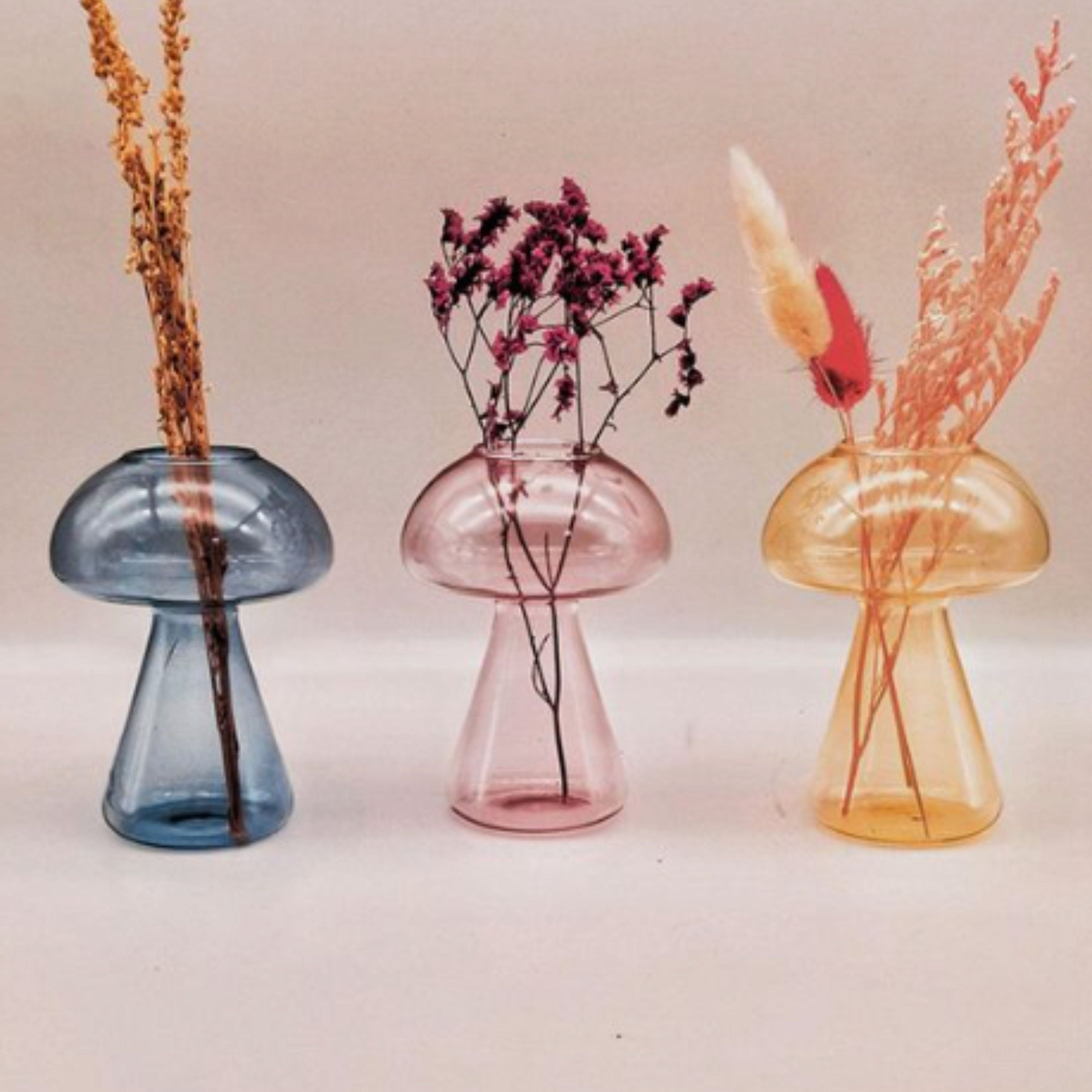 Set of 3 Handmade Whimsical Glass Mushroom Vase Set - Mini Fungi Home Decor, Creative Flower Vases, Hydroponic Art Plant Table Centerpiece