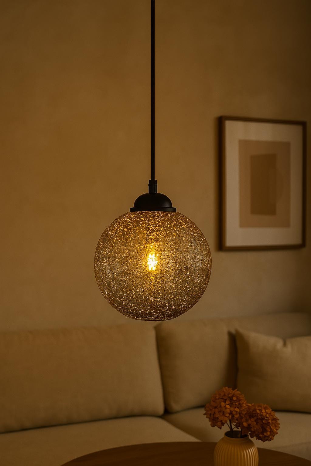 Set of 3 Crackled Glass Pendant Lights – Handblown Globe Hanging Lamps – Warm Ambient Ceiling Lighting for Kitchen Island or Dining Room