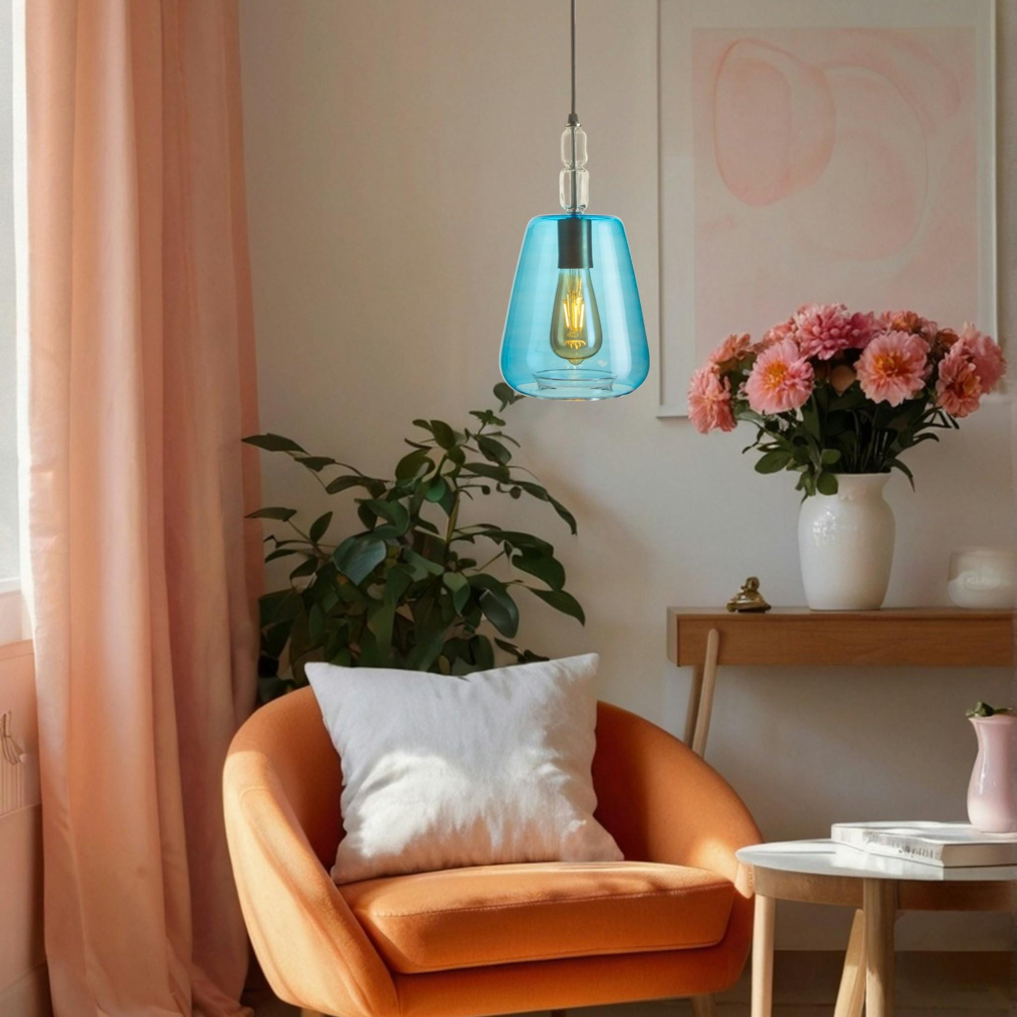 Blue Glass Pendant Light – Handblown Modern Ceiling Lamp – Minimalist Hanging Light for Living Room, Kitchen, Bedroom – Custom Size & Color