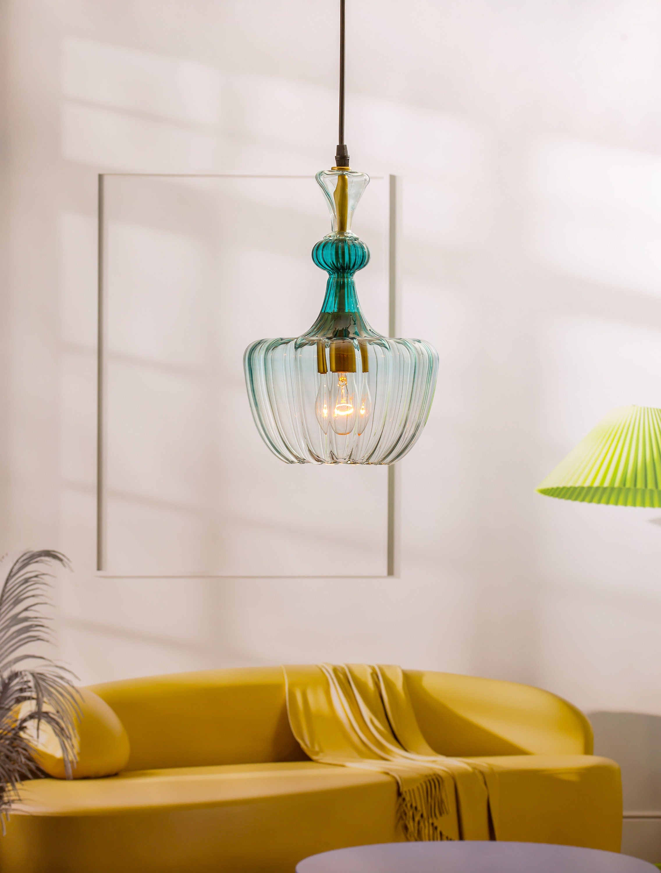 Teal Hand-Blown Glass Pendant Light – Artisan Kitchen Island Chandelier – Modern Dining Room Hanging Lamp – Custom Lighting Fixture Custom