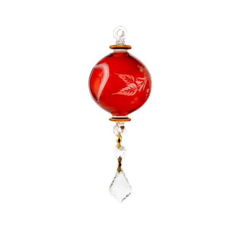 Christmas Ornaments Balls Red - Engraved Glass Ornaments for Tree Decorations - Decorative Hanging Ornaments with Crystal - Love Blown Glass