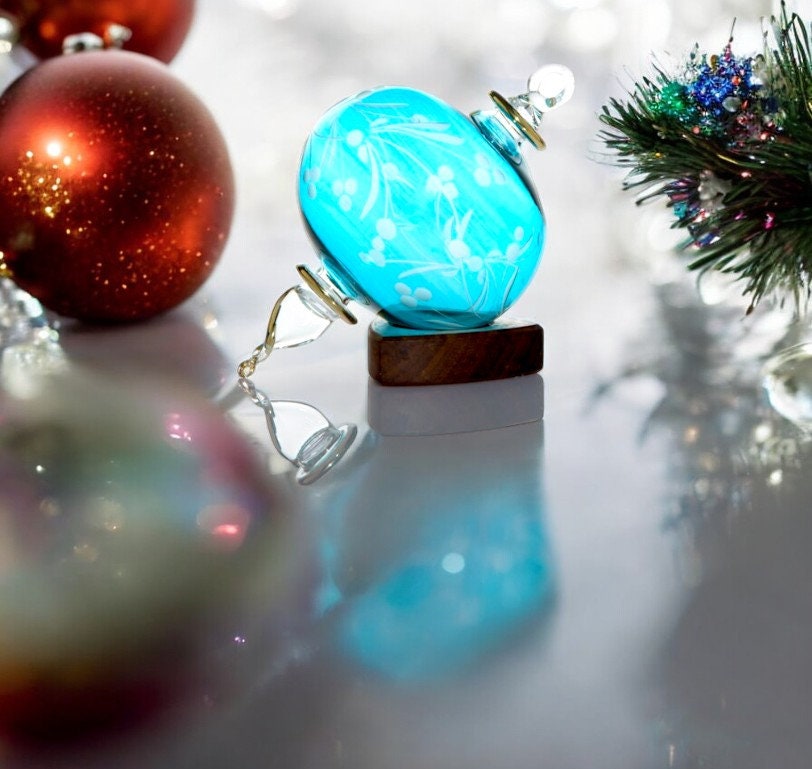 Christmas Turquoise  Balls Ornaments  - Hanging Blown Glass Ornaments - Engraved Glass Egyptian ornament-perfect  Christmas gift