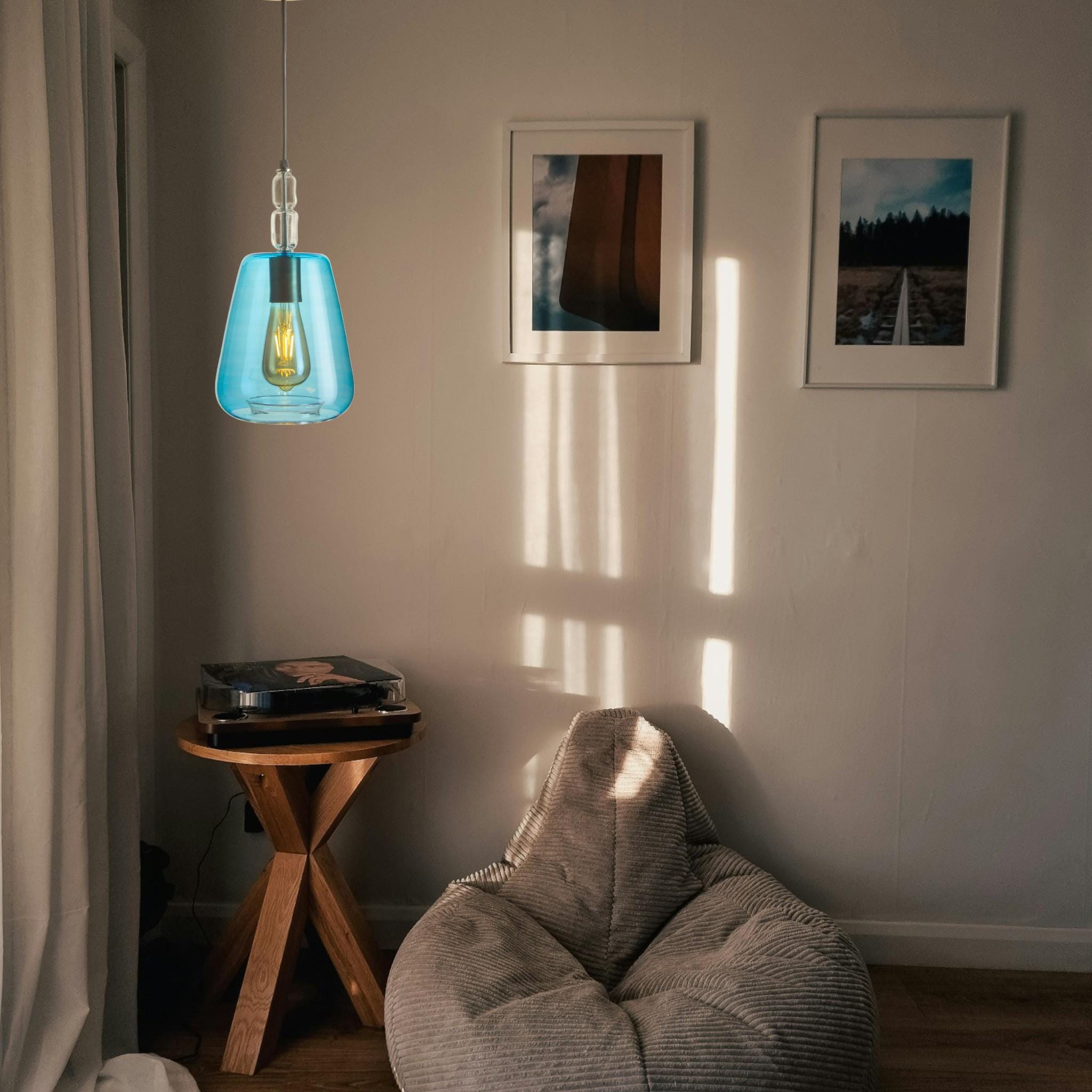 Blue Glass Pendant Light – Handblown Modern Ceiling Lamp – Minimalist Hanging Light for Living Room, Kitchen, Bedroom – Custom Size & Color