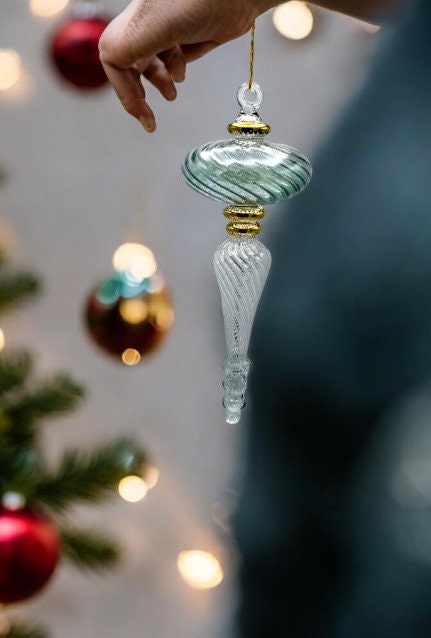 Elegant green Glass Ornaments for Christmas - Large Festive Decor - Hand Blown Baubles for Xmas Tree - Artisan Crafted Holiday Accent