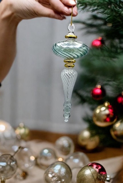 Elegant green Glass Ornaments for Christmas - Large Festive Decor - Hand Blown Baubles for Xmas Tree - Artisan Crafted Holiday Accent