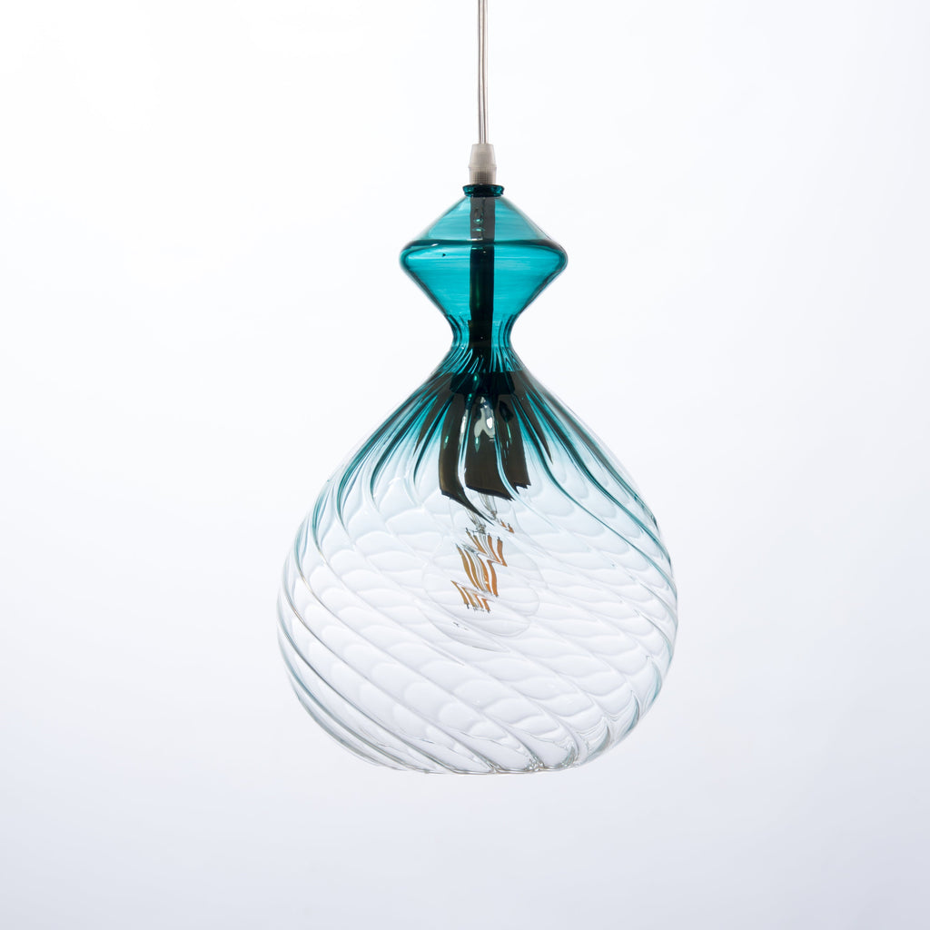 Hand Blown Teal Glass Pendant Light – Twisted Modern Glass Ceiling Lamp for Kitchen Island or Dining – Custom Artisan Lighting Fixture