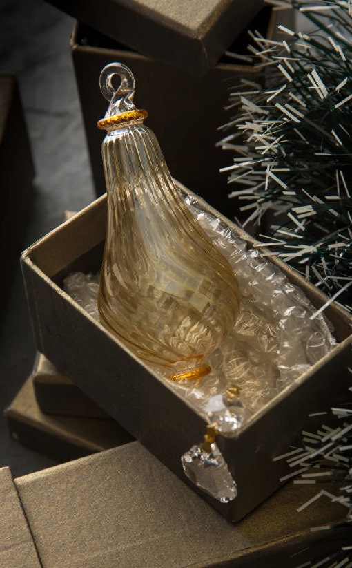 Christmas Ornaments Gold Glass With Crystal - Ribbed Glass Christmas Tree Decoration - Ornament For Christmas Tree - Hanging Glass Ornament