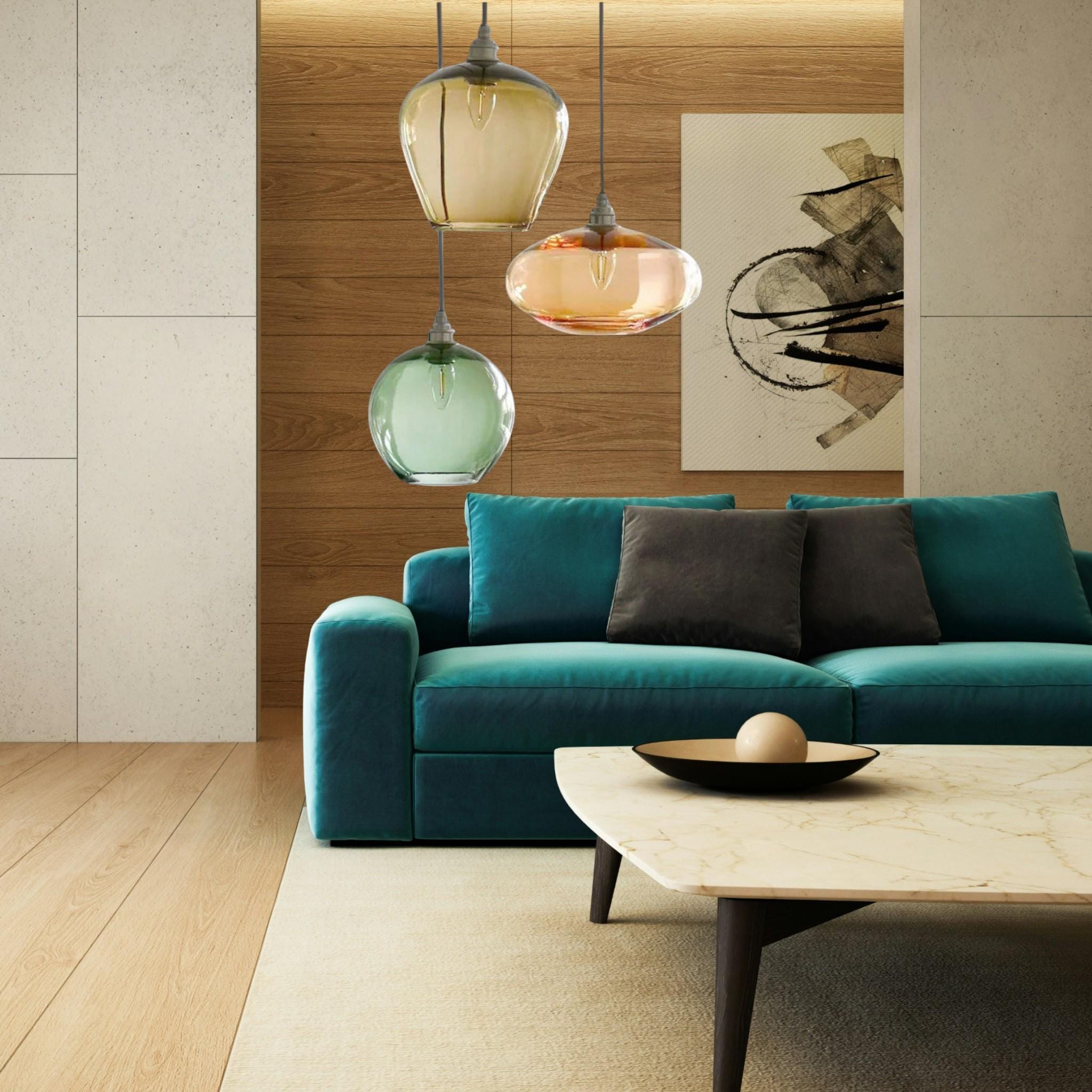 Trio of Handblown Glass Pendant Lights – Amber, Rose & Green Hanging Lamps – Modern Art Glass Ceiling Lighting for Kitchen or Entryway