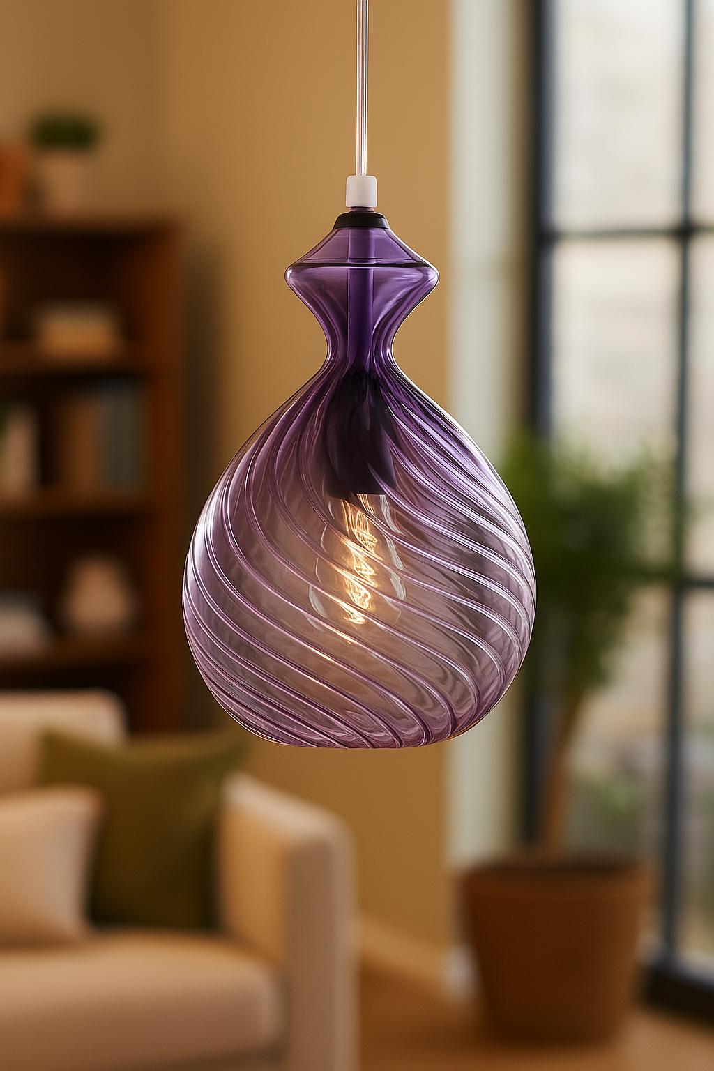 Hand Blown Teal Glass Pendant Light – Twisted Modern Glass Ceiling Lamp for Kitchen Island or Dining – Custom Artisan Lighting Fixture