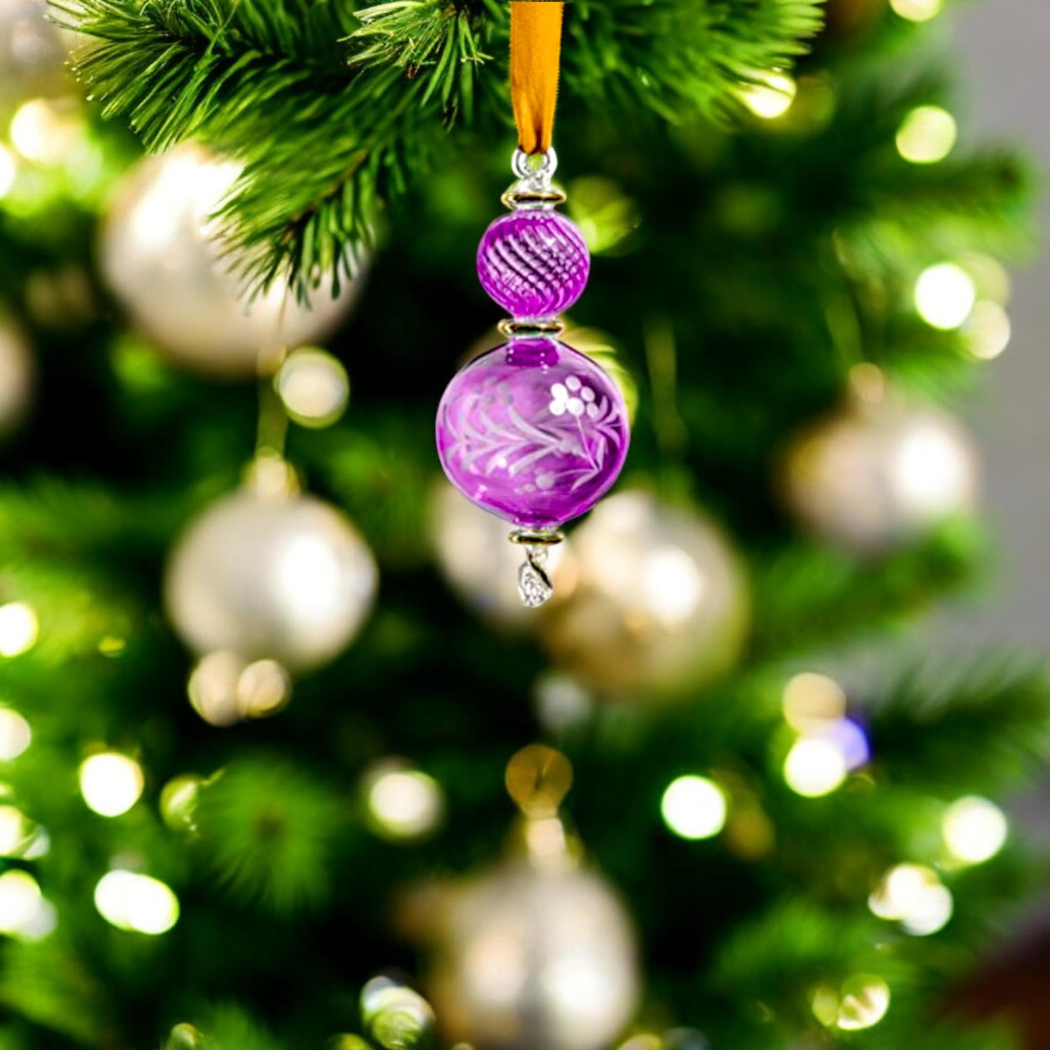 Christmas glass Ball Ornaments- Adorable Hanging Decorative Xmas Balls for Christmas Tree Decorations Home -purple with golden trim 2024