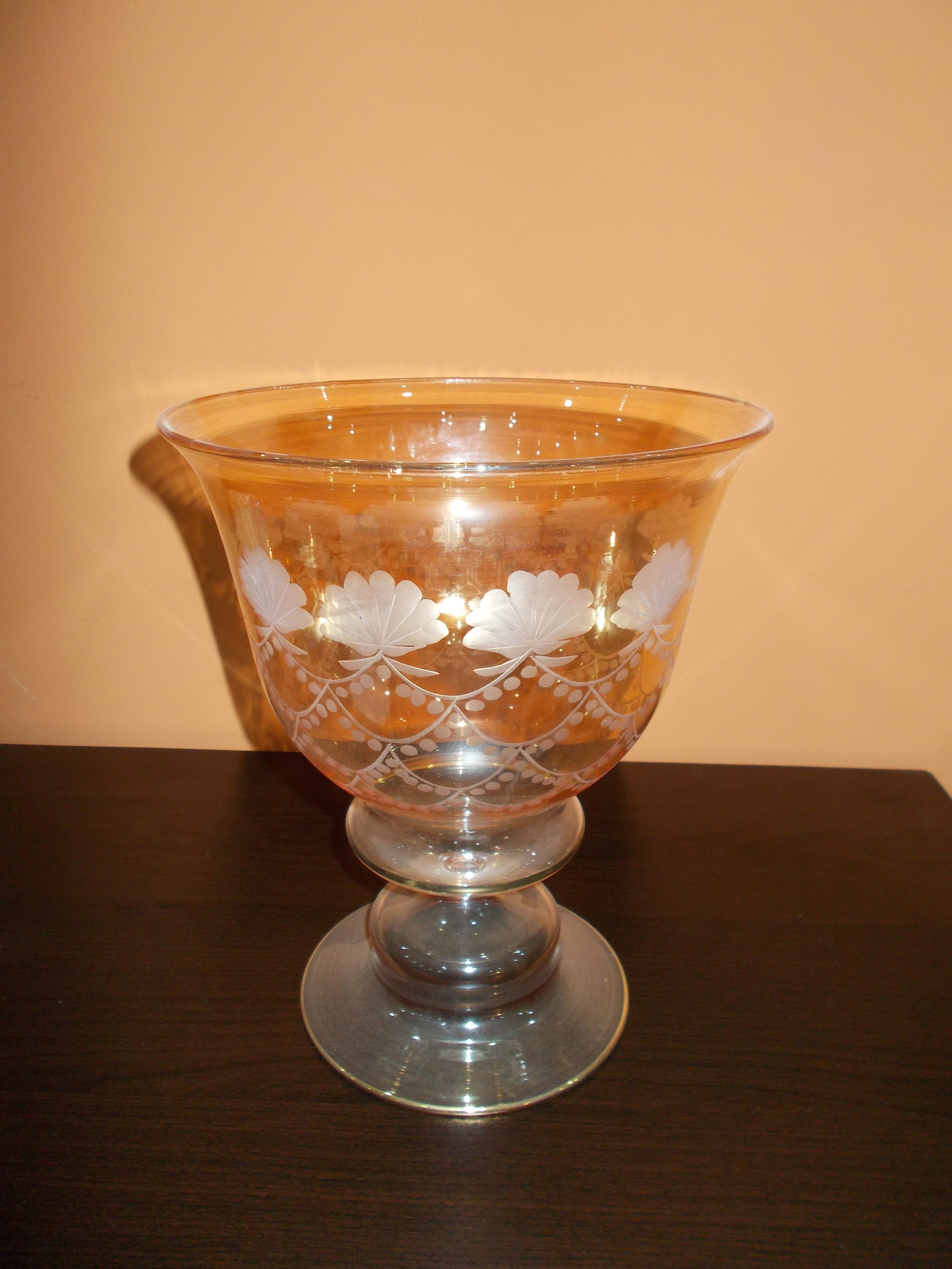 engraved Yellow Glass Pedestal Bow handmade