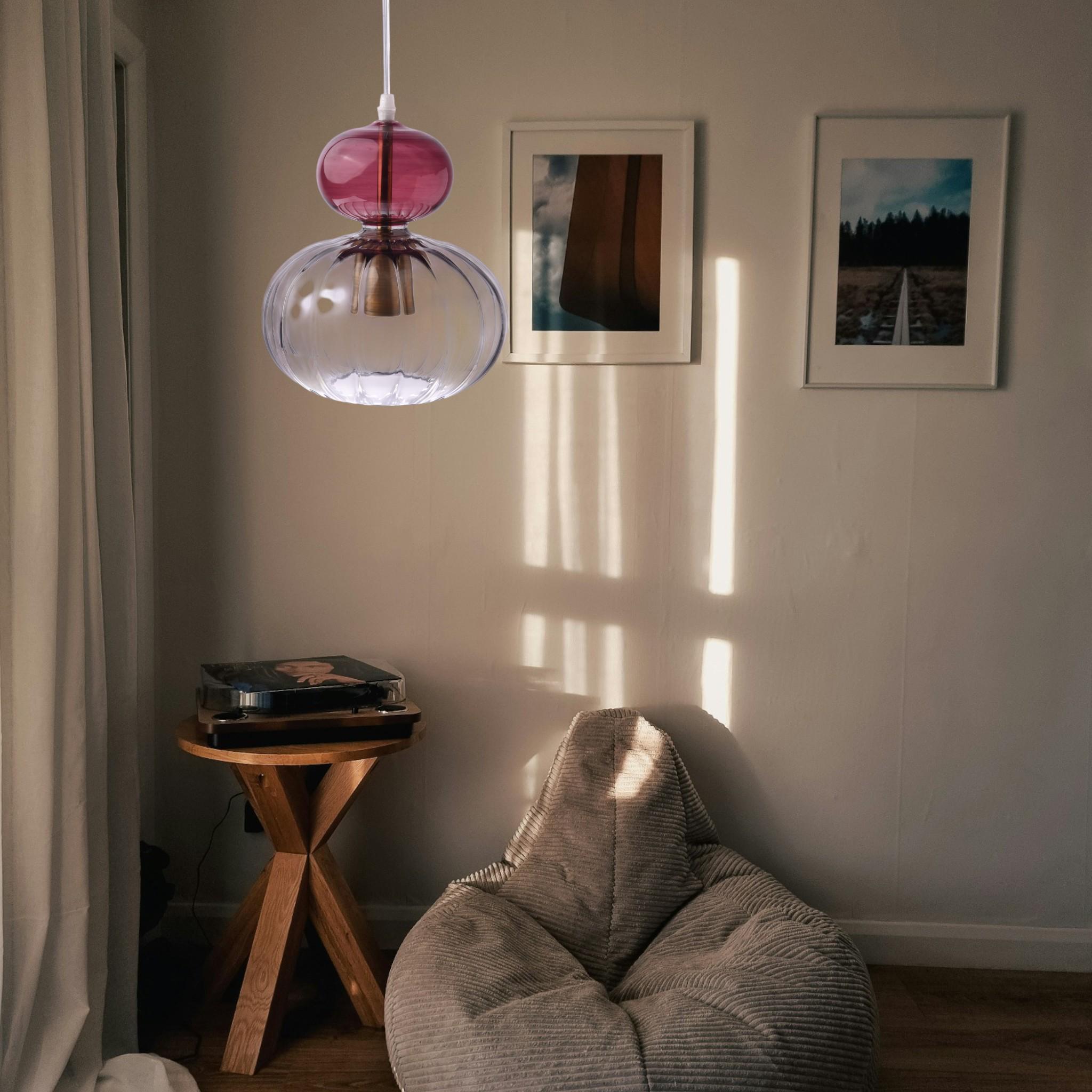 Modern Double Glass Pendant Light – Handblown Violet & Clear Ceiling Lamp – Sculptural Lighting for Dining Room, Kitchen or Studio