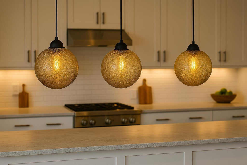 Set of 3 Crackled Glass Pendant Lights – Handblown Globe Hanging Lamps – Warm Ambient Ceiling Lighting for Kitchen Island or Dining Room