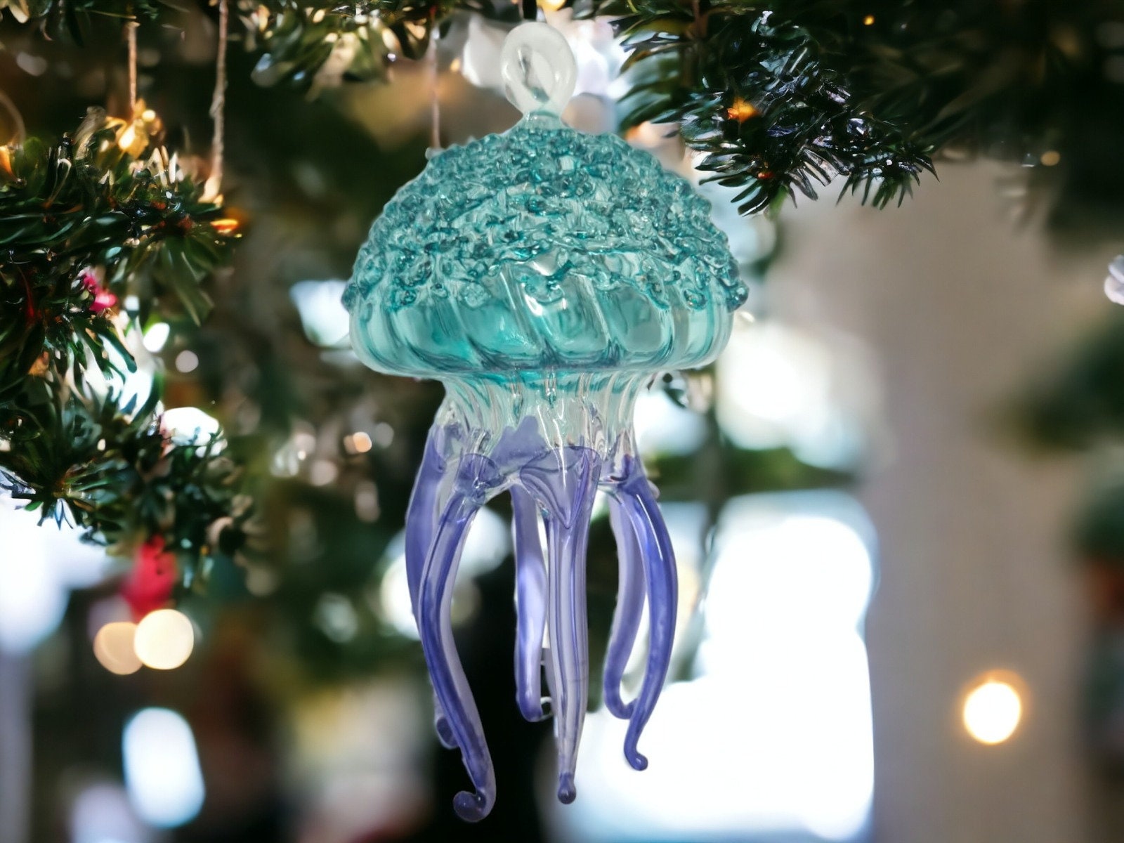 Artisan Glass Jellyfish Ornament - Handblown Holiday Decor - Unique Christmas Gift - Exquisite Glass Art Decoration