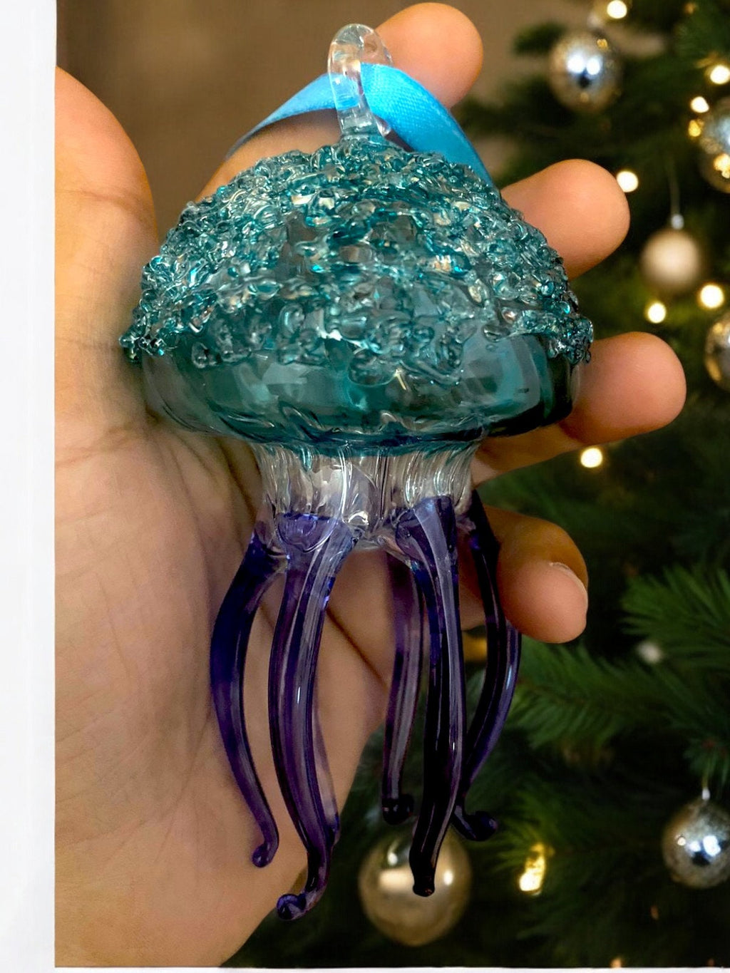 Artisan Glass Jellyfish Ornament - Handblown Holiday Decor - Unique Christmas Gift - Exquisite Glass Art Decoration