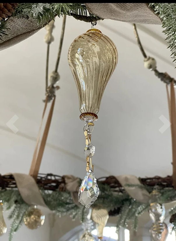 Christmas Ornaments Gold Glass With Crystal - Ribbed Glass Christmas Tree Decoration - Ornament For Christmas Tree - Hanging Glass Ornament