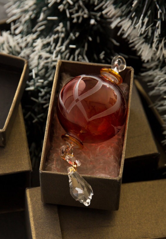 Christmas Ornaments Balls Red - Engraved Glass Ornaments for Tree Decorations - Decorative Hanging Ornaments with Crystal - Love Blown Glass