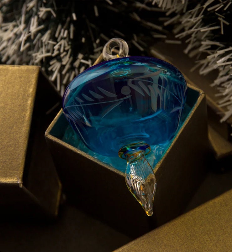 Christmas Ornaments Blue Glass - Hanging Blown Glass Ornaments For Holiday - Engraved Ornaments For Christmas Decoration made with love 2024