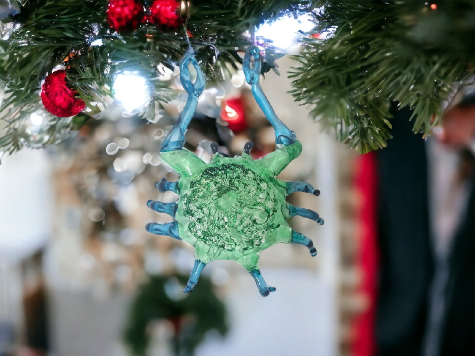Artisan Crafted Handblown Glass Crab Christmas Ornament - Coastal Crab Holiday Decor - Unique Gift Idea - Glass Art Decoration